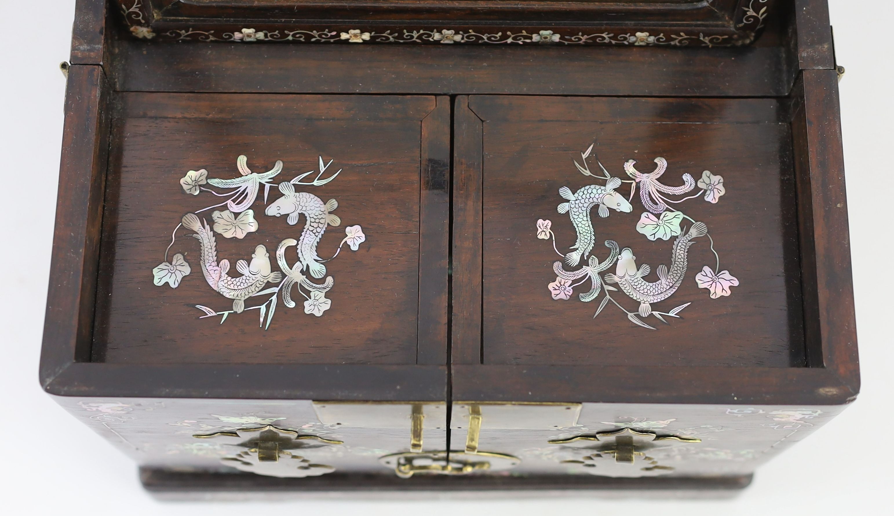 A Chinese hongmu and mother-of-pearl make up or jewellery box, late 19th century, 36 cm x 27 cm